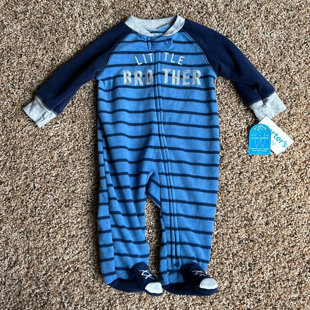 Carter's Little Brother Fleece Blue Striped Footie Pajamas, Baby Boy 3 months
